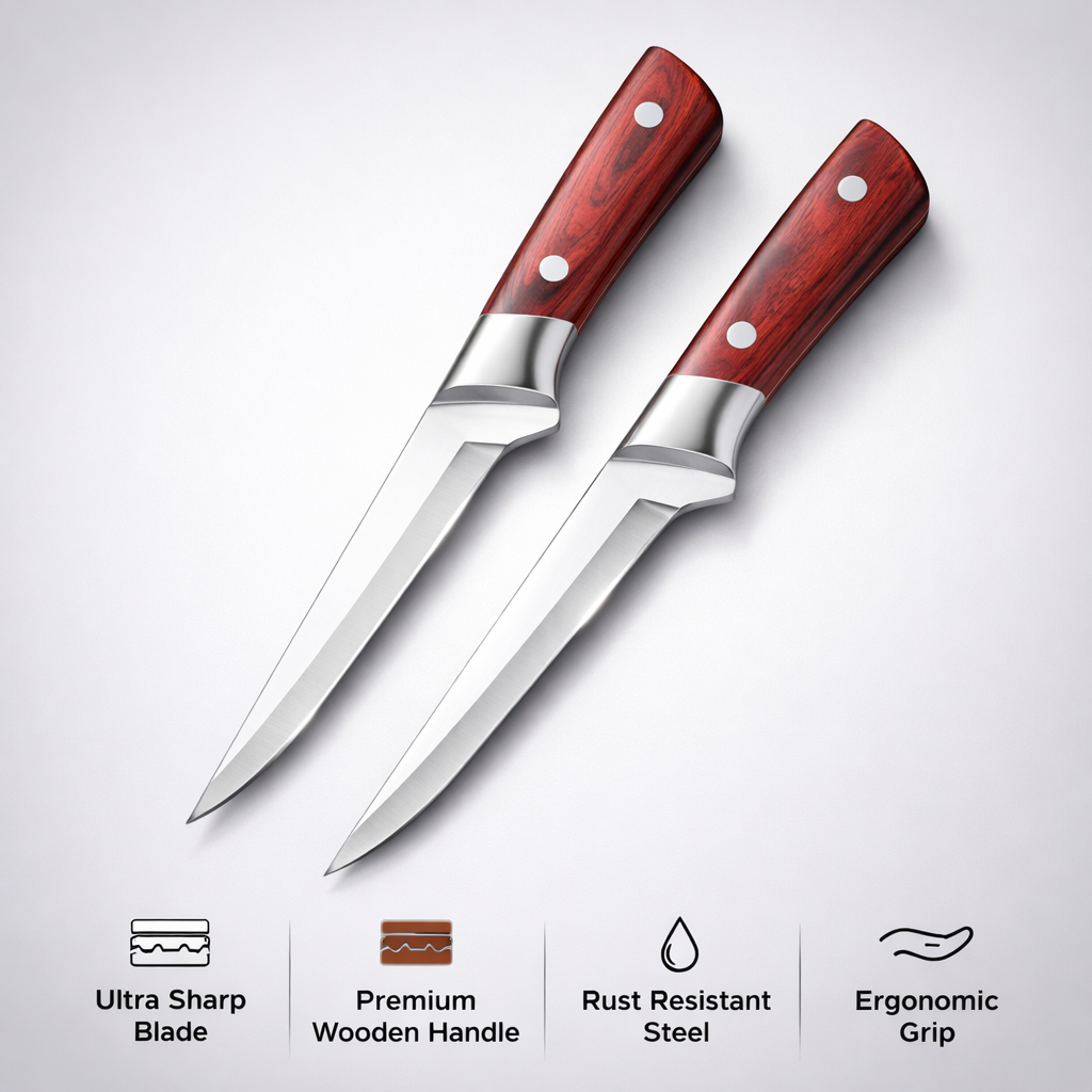 Kitchen Knife Set with Sharpener | 2 Stainless Steel Chef Knives with Ergonomic Wooden Handle | Multi-Purpose Cooking Knife Combo