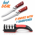 Kitchen Knife Set with Sharpener | 2 Stainless Steel Chef Knives with Ergonomic Wooden Handle | Multi-Purpose Cooking Knife Combo