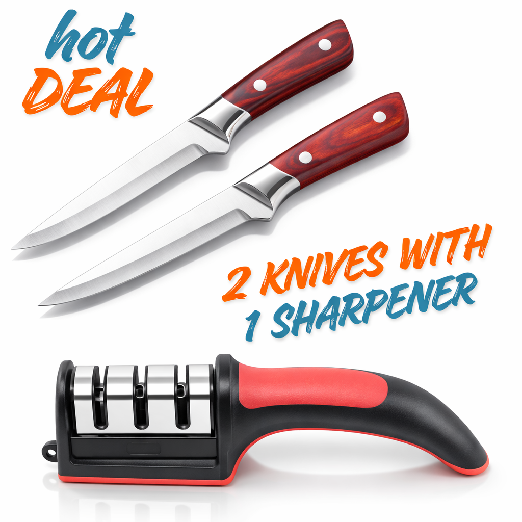 Kitchen Knife Set with Sharpener | 2 Stainless Steel Chef Knives with Ergonomic Wooden Handle | Multi-Purpose Cooking Knife Combo