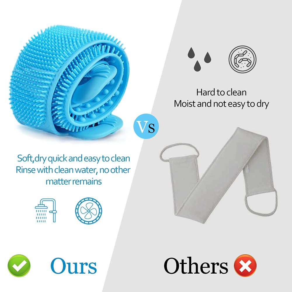 Silicone Back Scrubber Belt for Shower | Soft Exfoliating Body Scrub Brush with Dual Handles | Deep Cleaning Bath Massage Strap