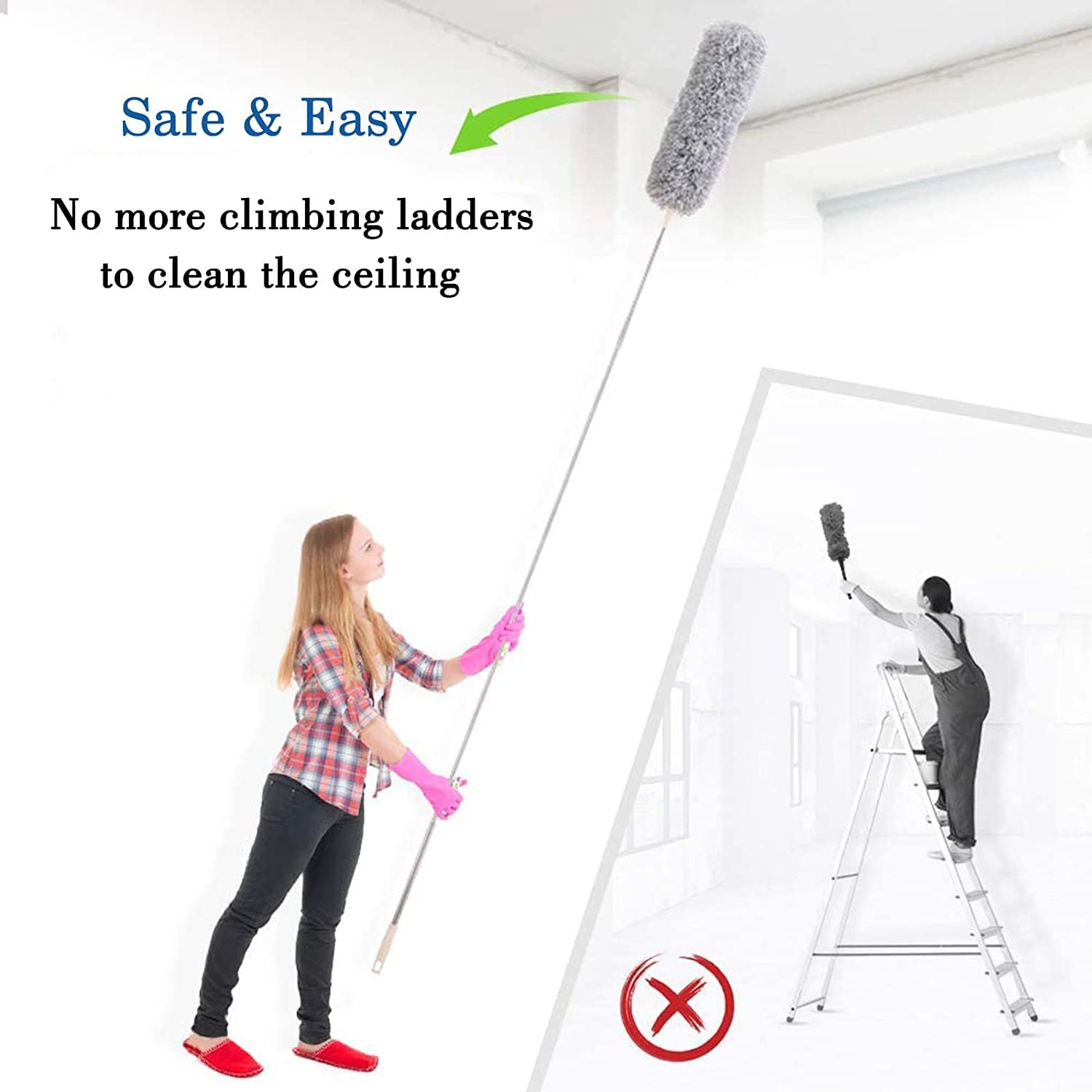 Extendable Ceiling Fan Duster with Long Handle | Microfiber Dust Cleaning Brush for Ceiling Fans, Walls & High Ceilings